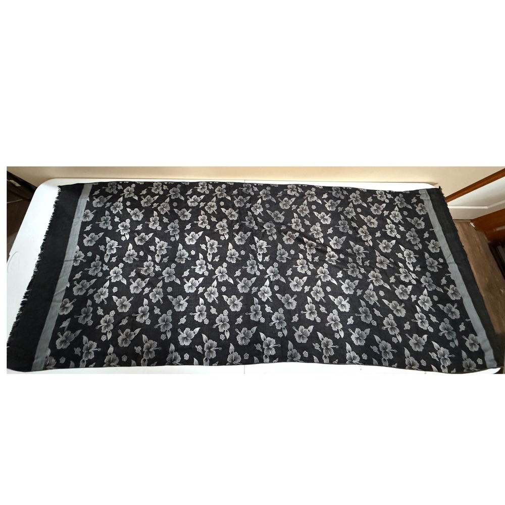 Black Silver Hibiscus Floral Scarf Tropical Flower Fringed Wrap Shawl